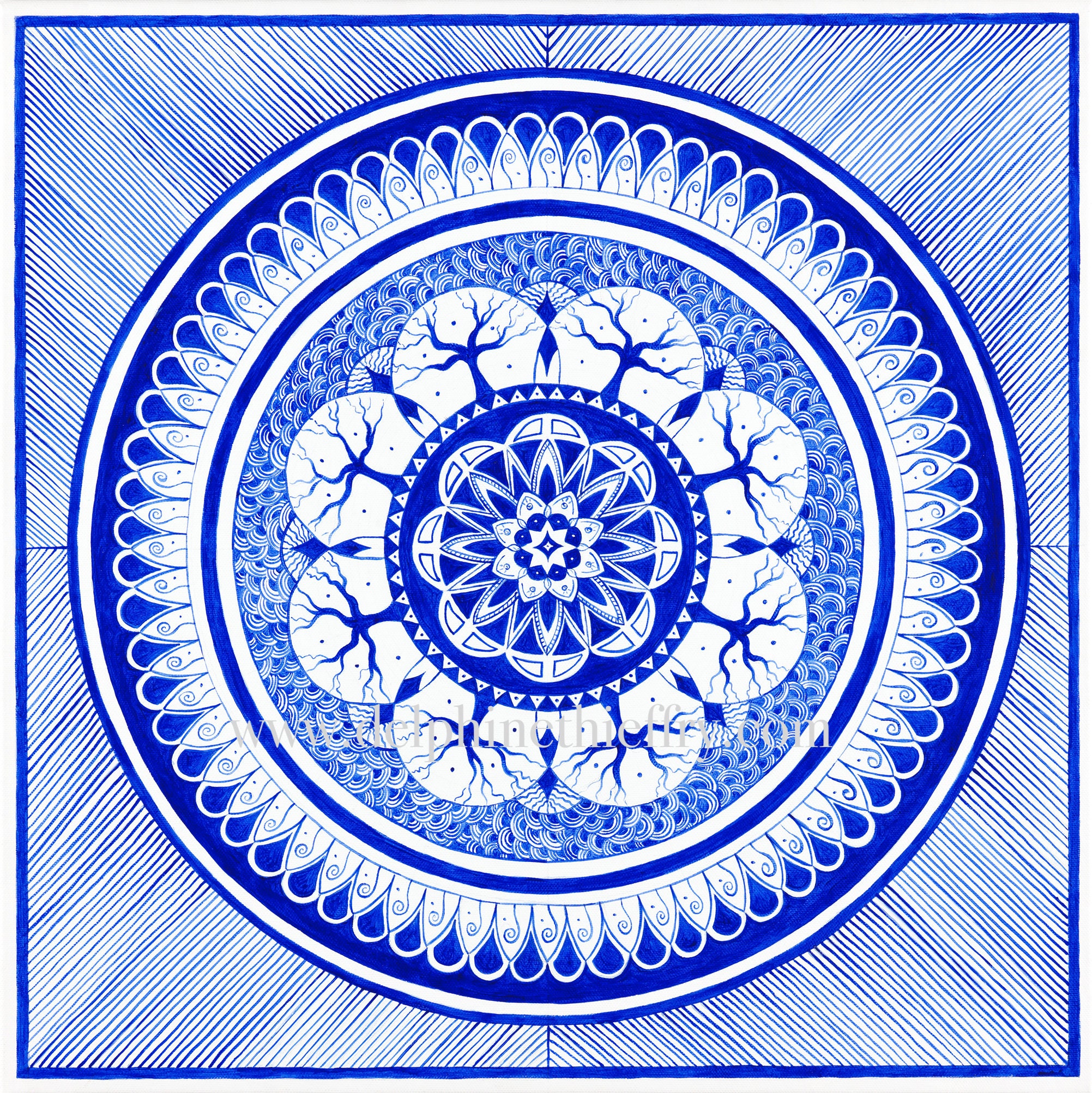 Ma'terre - Mandala Bleu et Blanc Peinture Acrylique sur Toile de Coton Tableau Originale, Pièce Uniq