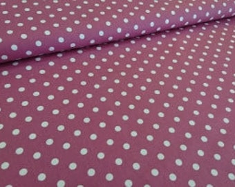 May include: Pink fabric with a white polka dot pattern.
