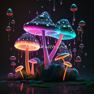 Neon Magic Mushrooms Floral as a fabric panel, fabric print, personalized designs, waterproof canvas or velvet