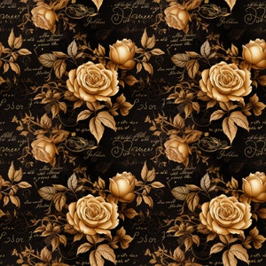 May include: A seamless pattern featuring gold roses and leaves on a black background. The pattern includes handwritten text in gold, including the words "Posor" and "Jolinus".