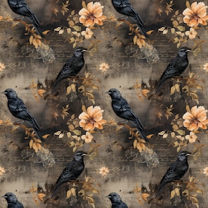 Op de afbeelding: Een herhalend patroon met zwarte vogels op takken, afgewisseld met oranje bloemen en bladeren. De achtergrond heeft een vintage, verouderde uitstraling met scriptachtige tekst, wat een gotische of Victoriaanse esthetiek creëert. Geschikt voor stof of behang.