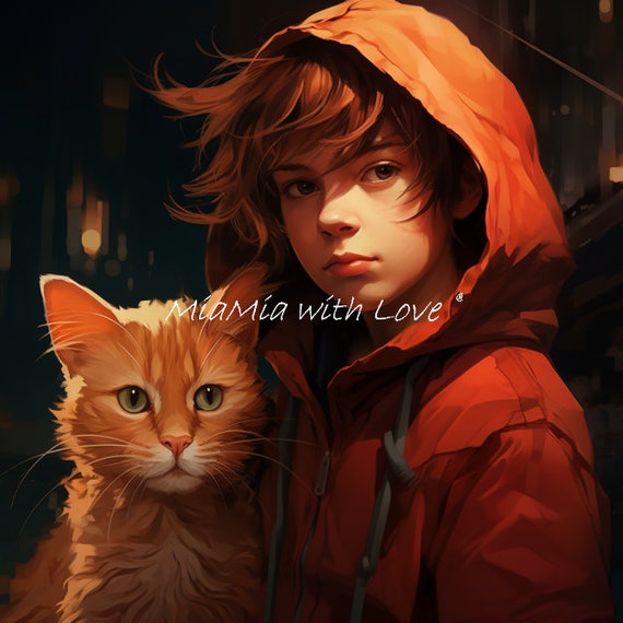 Stoff Panel Junge mit Katze als Stoff Panel, Stoffdruck