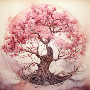 Può includere: Un dipinto ad acquerello di un ciliegio in fiore rosa con radici intricate e una cornice circolare. L'albero è in piena fioritura e i rami si alzano verso il cielo. Le radici sono spesse e nodose, e si estendono in tutte le direzioni. Il dipinto è realizzato in uno stile morbido e romantico.