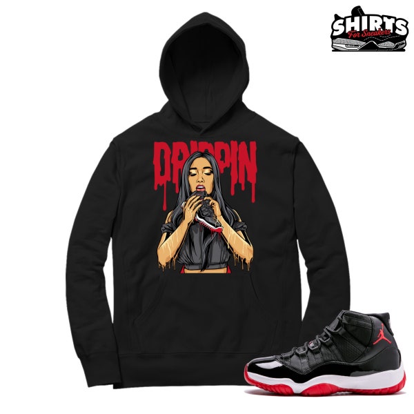 Bred 11 Hoodie | Bred 11s Drippin - Match Retro 11 Bred 2019 / black hooded sweatshirt