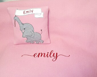 Babydecke personalisiert | Babydecke mit Namen | Personalisierte Babydecke mit Kissen | Set | Geschenk zur Geburt | Elefant | Geburtskissen