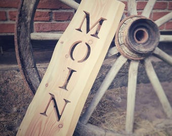 Welcome sign MOIN made of larch wood | maritime decoration | door sign for front door & garden | Nordic decoration | With optional anchor | handmade