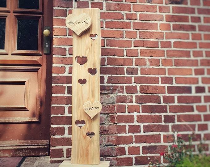 Wooden stand with hearts & custom engraving – Personalized wooden wedding anniversary gift – Decoration for wedding, garden, entrance area
