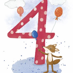 Zahlengeburtstagskarte für Kinder, 4 Jahre, Fuchs, digitaler Download