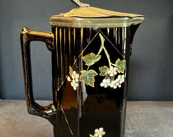 アンティーク ジャックフィールド 黒釉陶器 水差し：ピューター蓋付き