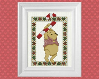 Candy Cane Pooh ~ Classic Winnie the Pooh Cross Stitch Pattern ~ Instant PDF Download