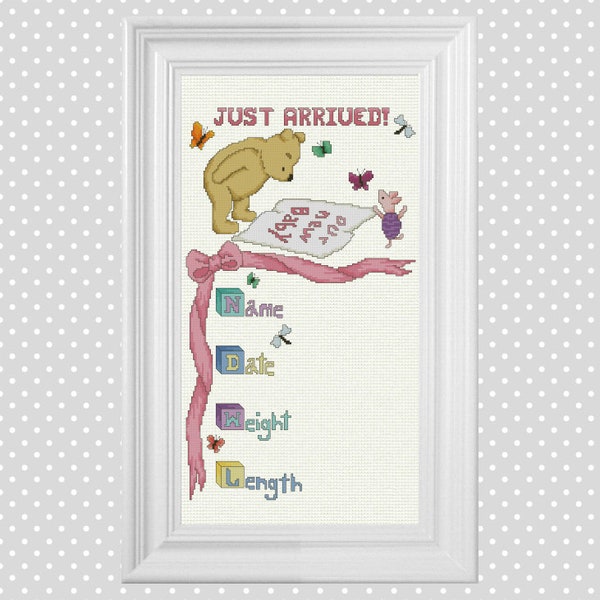 Just Arrived Birth Announcement (Pink, Blue and Yellow) ~ Classic Winnie the Pooh Cross Stitch Pattern ~ Instant PDF Download