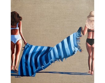 Mujeres en la playa pintando figura femenina arte original verano mejor amigo gran lienzo moderno pintura boho pared arte 30 por 30 por GerDaPainting