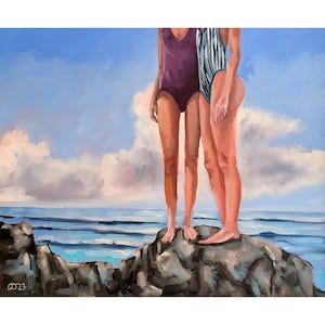 Women on Beach Painting Ocean Original Art Female Figure Seascape Painting on Canvas 20 by 24&quot; by GerDaPainting