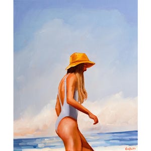 Woman in Sunhat Painting Female Figure in Swimsuit Beach Original Art Summer Seascape Painting on Canvas 24 by 20&quot; by GerDaPainting