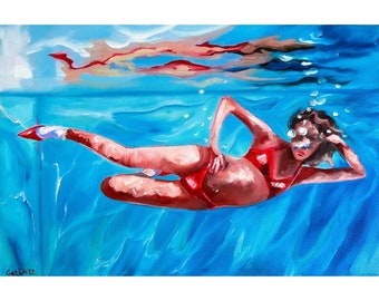 Nuoto pittura sott'acqua originale arte piscina arte figura femminile pittura su tela 16 x 24" di GerDaPainting