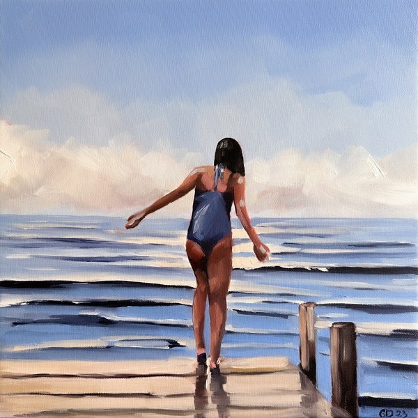 Swimmer Painting Girl on Pier Original Art Seascape Painting on Canvas 16 by 16" by GerDaPainting