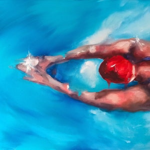 Swimmer Painting Swimming Pool Original Art Figurative Underwater Painting on Canvas 16 by 20&quot; by GerDaPainting