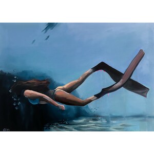 Dive Painting Swimmer Underwater Snorkeling Woman Original Art Ocean Swimming Painting on Canvas 20 by 28" by GerDaPainting