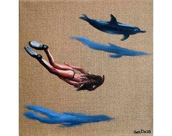 Swimming Painting Dolphin Original Art Underwater Swimmer Woman Painting on Canvas 12 by 12" by GerDaPainting