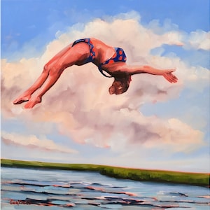 Swimmer Painting Woman Large Original Art 28x28 Swimming Original Oil Painting Dive Woman Leaping into Water by GerDaPainting