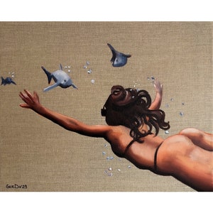 Swimming Painting Fish Original Art Underwater Swimmer Woman Painting on Canvas 16 by 20" by GerDaPainting