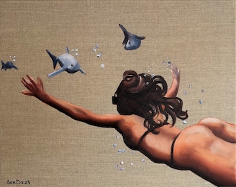 Swimming Painting Fish Original Art Underwater Swimmer Woman Painting on Canvas 16 by 20" by GerDaPainting