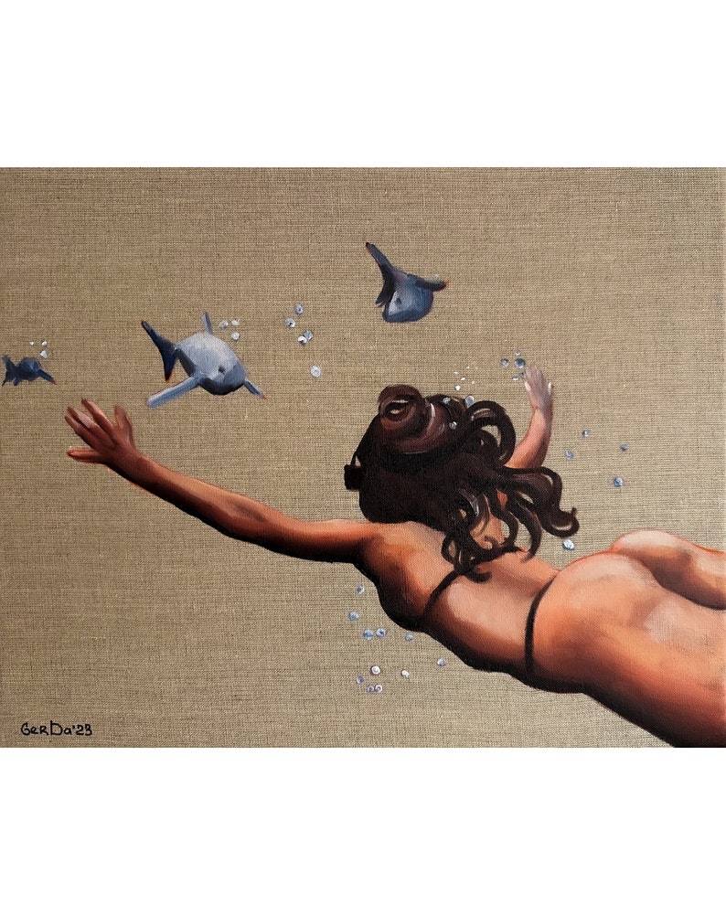 Swimming Painting Fish Original Art Underwater Swimmer Woman Painting on Canvas 16 by 20" by GerDaPainting