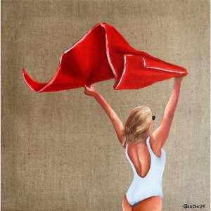 Beach Girl Painting Swimmer Original Art Female Figure Art Woman Painting on Canvas 20 by 20&quot; by GerDaPainting