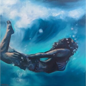 Swimming Woman Painting Underwater Original Art Ocean Painting on Canvas 20 by 20" by GerDaPainting