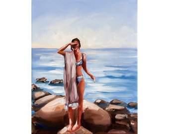 Swimmer Painting Beach Original Art Ocean Coast Painting on Canvas Seascape Canvas Art 12 by 10" by GerDaPainting