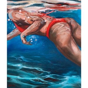 Swimming Woman Art Underwater Original Painting Swimmer Female Figure Painting on Canvas 20 by 24" by GerDaPainting