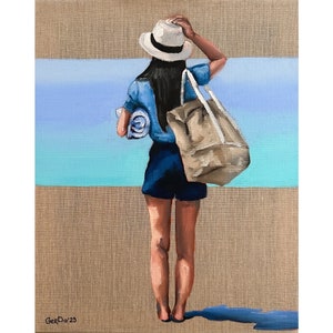 Woman on Beach Painting Female Figure Original Art Figurative Painting on Canvas 20 by 16&quot; by GerDaPainting