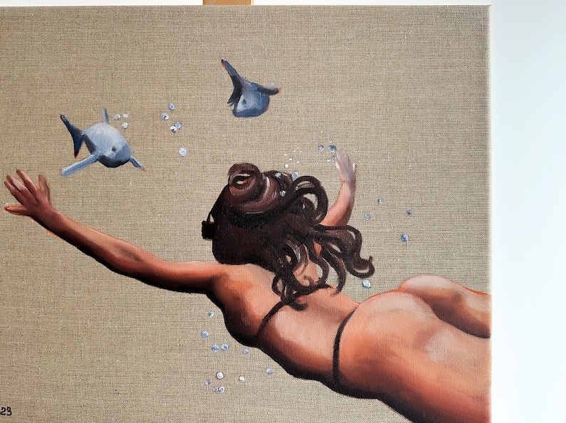 Swimming Painting Fish Original Art Underwater Swimmer Woman Painting on Canvas 16 by 20" by GerDaPainting