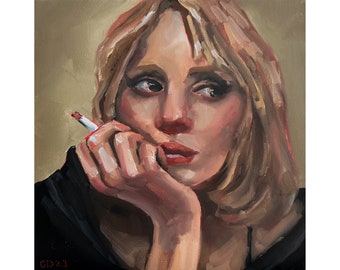 Smoking Woman Painting Sad Female Portrait Original Art Girl with a Cigarette Painting on Canvas 12 by 12" by GerDaPainting