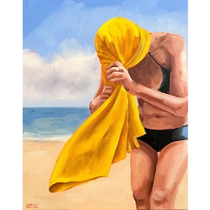 Girl on California Beach Painting Female Body Original Art Figurative Painting on Canvas Coastal Wall Art 20 by 16&quot; by GerDaPainting