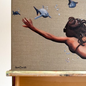 Swimming Painting Fish Original Art Underwater Swimmer Woman Painting on Canvas 16 by 20" by GerDaPainting