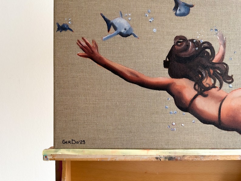 Swimming Painting Fish Original Art Underwater Swimmer Woman Painting on Canvas 16 by 20" by GerDaPainting