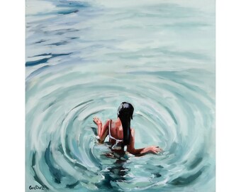 Swimming Painting Swimmer Female Figure Original Art Woman Painting on Canvas 20 by 20" by GerDaPainting