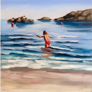 Swimmer Painting Swimming in Ocean Woman Original Art Beach Painting on Canvas 16 by 16" by GerDaPainting
