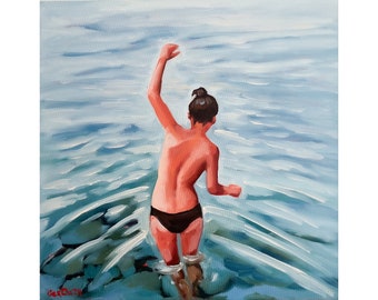 Swimmer Painting Swimming Woman Original Art Ocean Painting on Canvas 20 by 20" by GerDaPainting