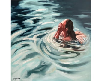 Swimming Woman Painting Swimmer Original Art Lake Painting on Canvas 20 by 20" by GerDaPainting