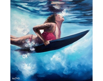 Surfer Painting Underwater Swimming Original Art Ocean Painting on Canvas 16 by 16" by GerDaPainting