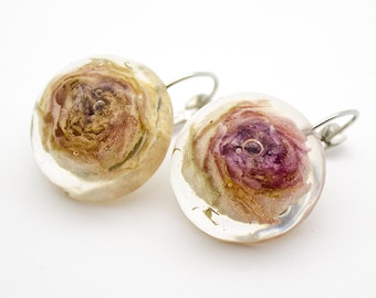 Real Natural Rose Resin Earrings, Romantic rose earrings, Real Flower earrings, Nature jewelry, Botanical jewelry, Floral earrings