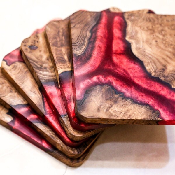 Set of 4 Mythological Red Resin & Wood Square Coasters | Handmade | Coffee Coasters | Coaster Set | Coffee Table | Living Room Coasters