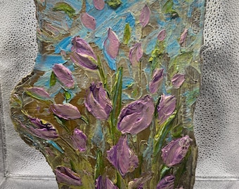 ORIGINAL Purple tulips Small Floral landscape oil painting, Textured Abstract Tactile Art on wood