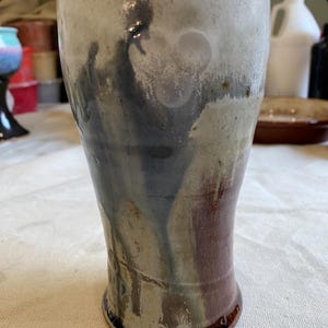 modern abstract handmade studio art stoneware pottery vase handpainted glaze blue and brown-signed