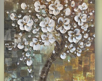 Textured Original White Cherry Blossom Palette Knife  Impasto Painting (24x24")