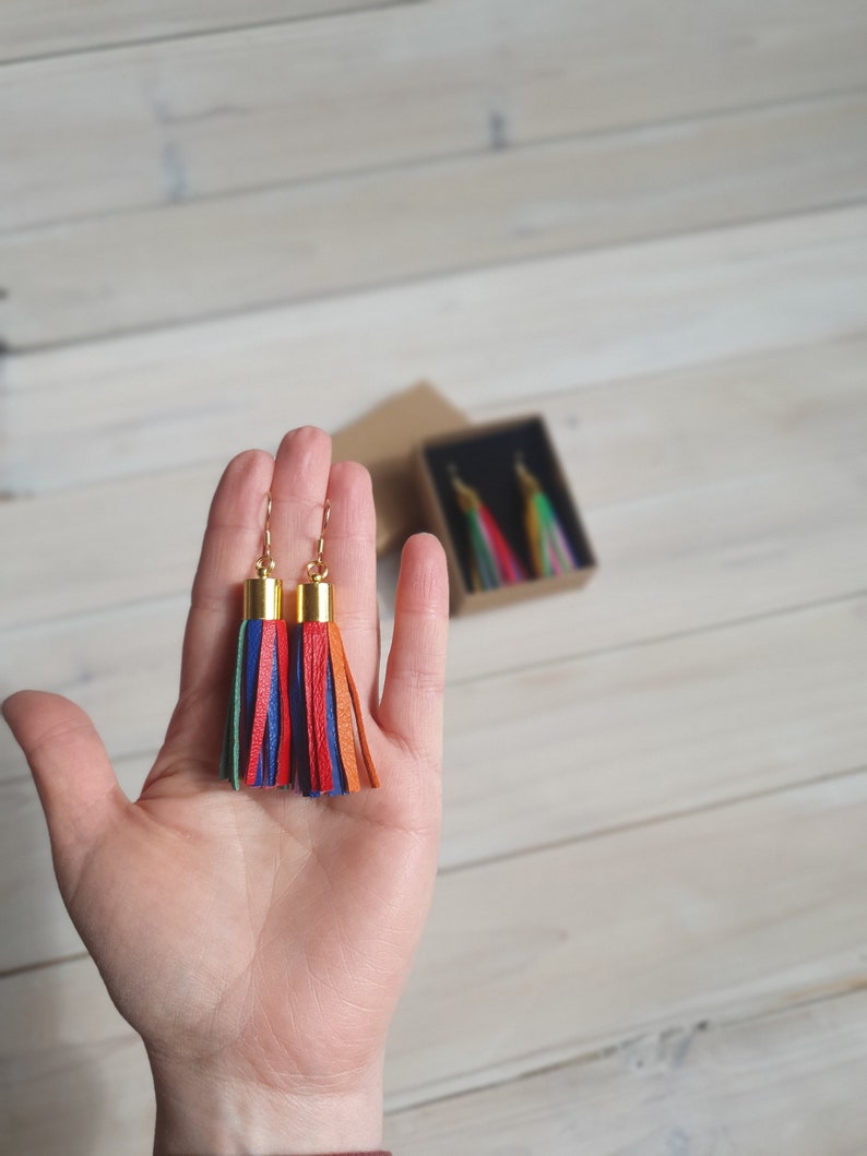 Rainbow Leather Tassel Earrings image 2