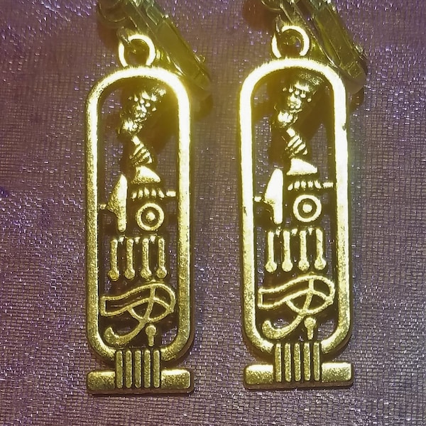 Egyptian Cartouche, Nefertiti, Eye of Ra, Ma'at, Goddess Drop Dangle Clip or Pierced Goldplated Earrings Mystical, Egyptian, Spiritual Magic