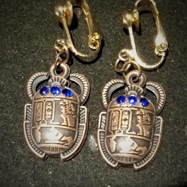 Drop Dangle Bronze Copper Clip On Earrings, Steampunk Art Deco Style Earrings Egyptian Scarab Beetle, Amun-Re, Ma'at, Blue Rhinestones
